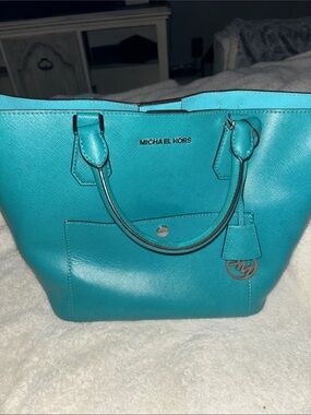Michael Kors Turquoise Saffiano Leather Tote with Logo Charm